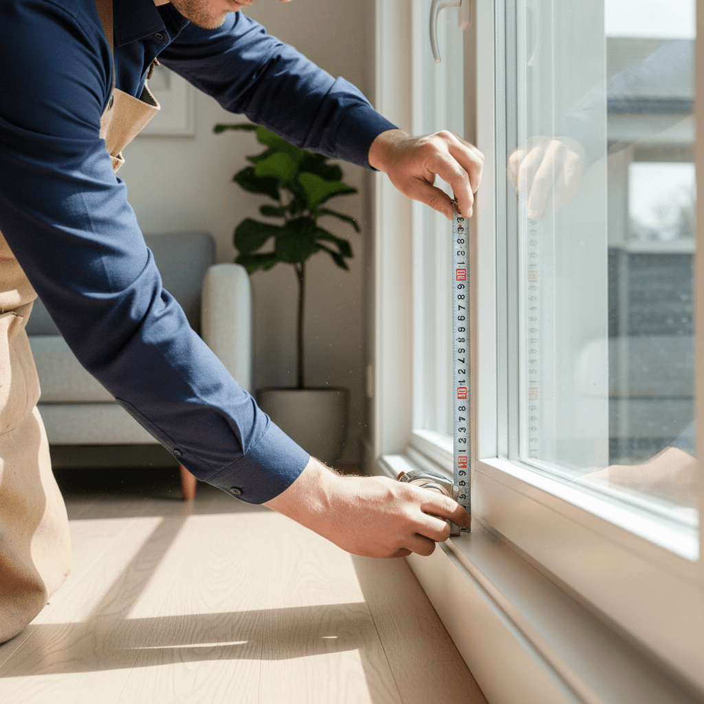 Hands measuring a window frame with a tape measure, showcasing precision and expertise in a well-lit room.