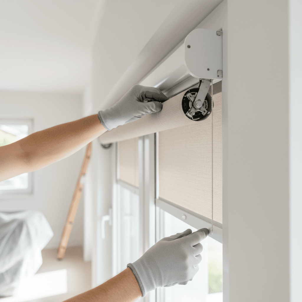 Professional installer hands adjusting roller shutter mechanism on residential window with natural light