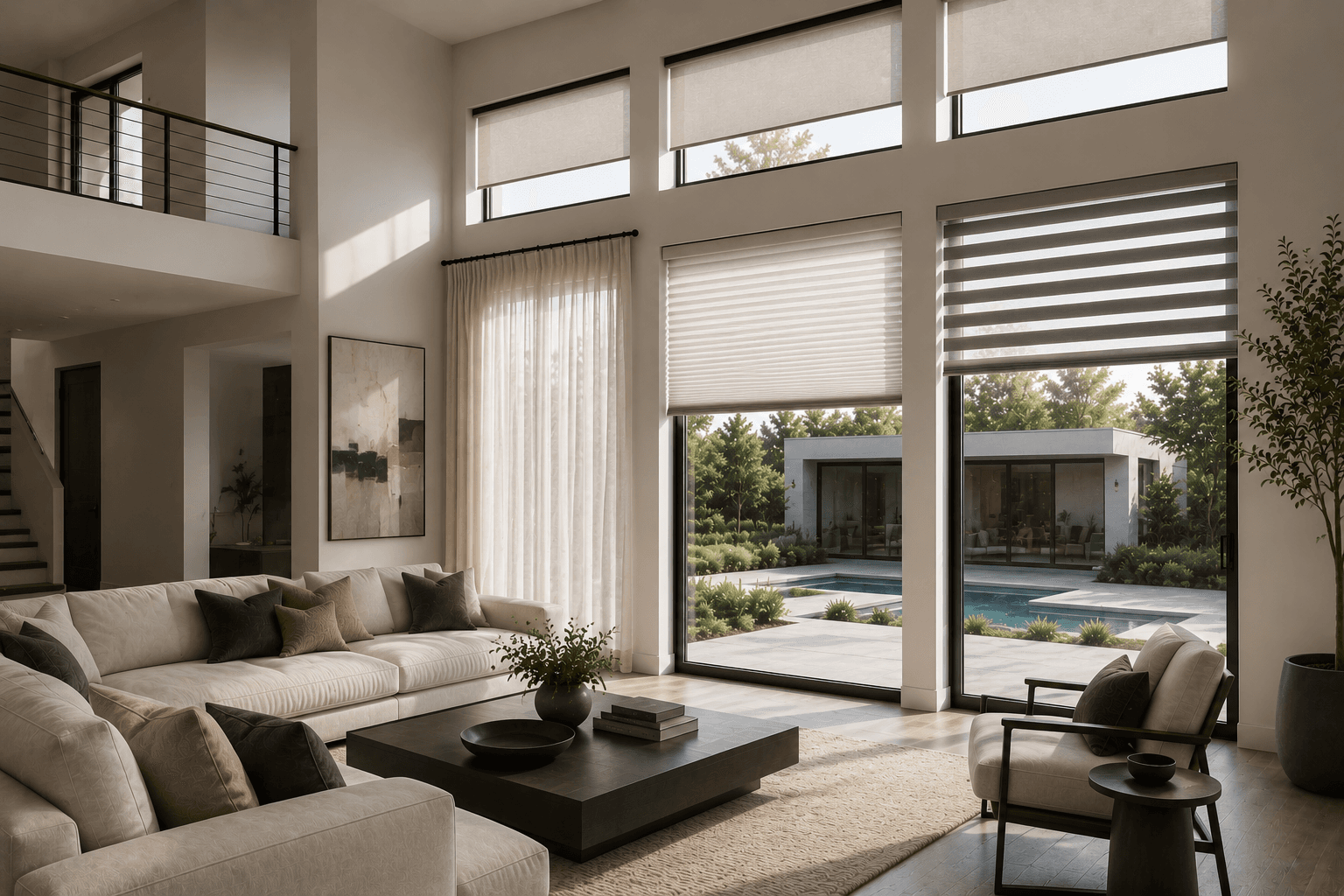 Bright modern living room with large windows overlooking a backyard swimming pool and patio.