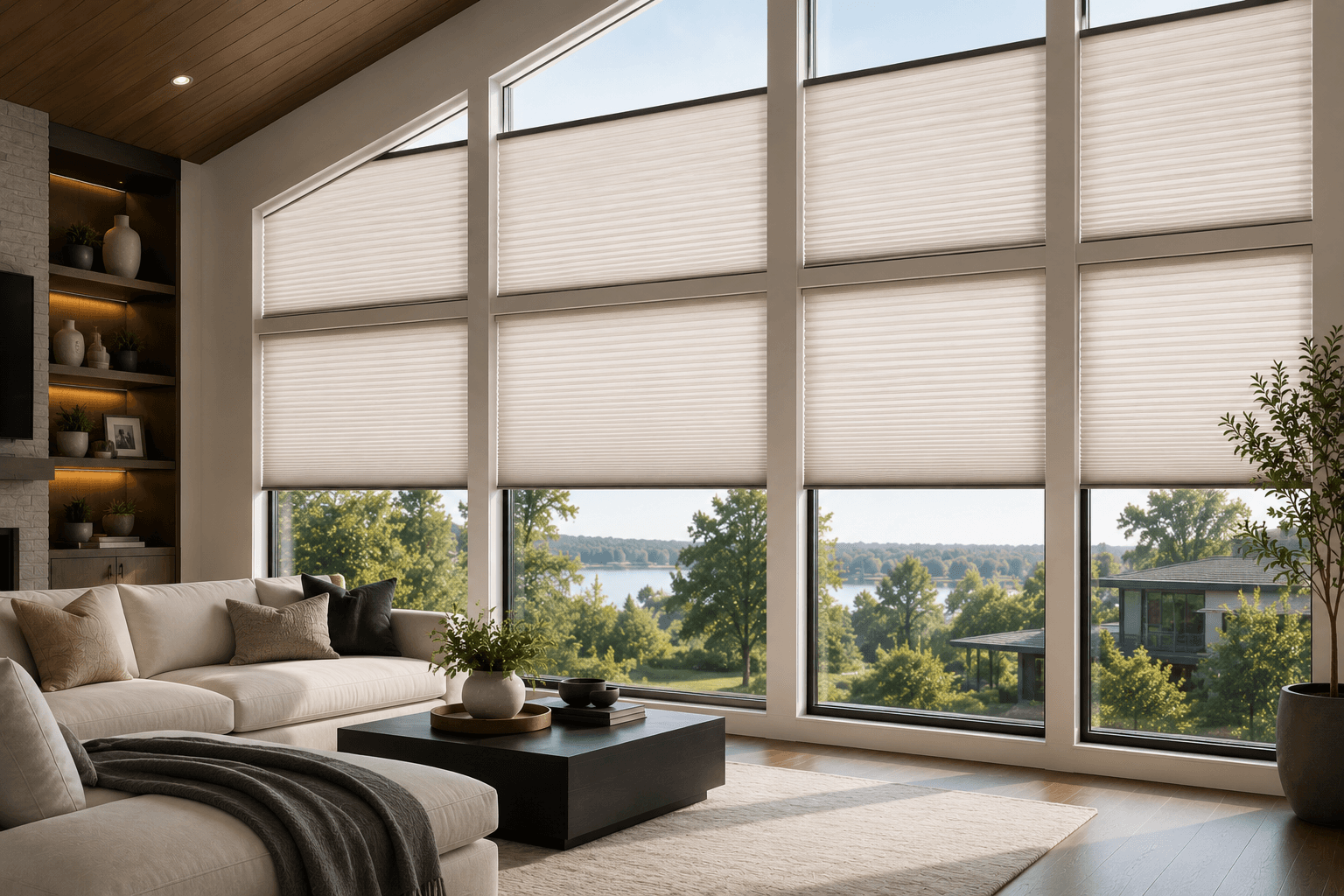 Modern living room featuring large windows with beige cellular shades overlooking a scenic lake.