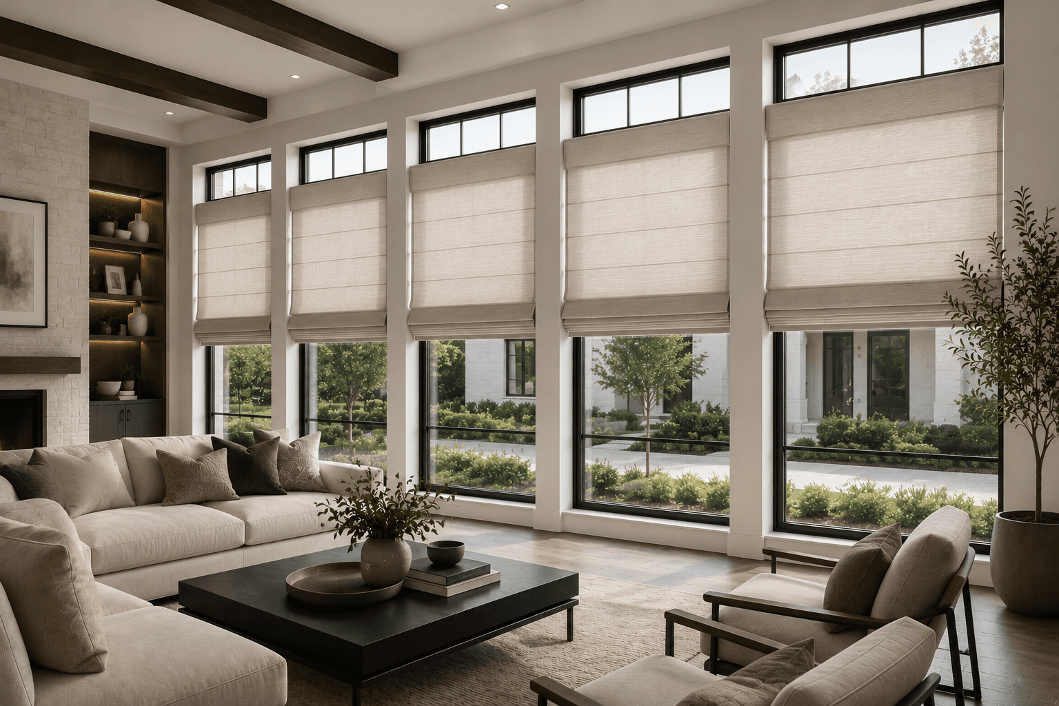 Modern living room with large windows, beige Roman shades, white sectional sofa, and garden views.