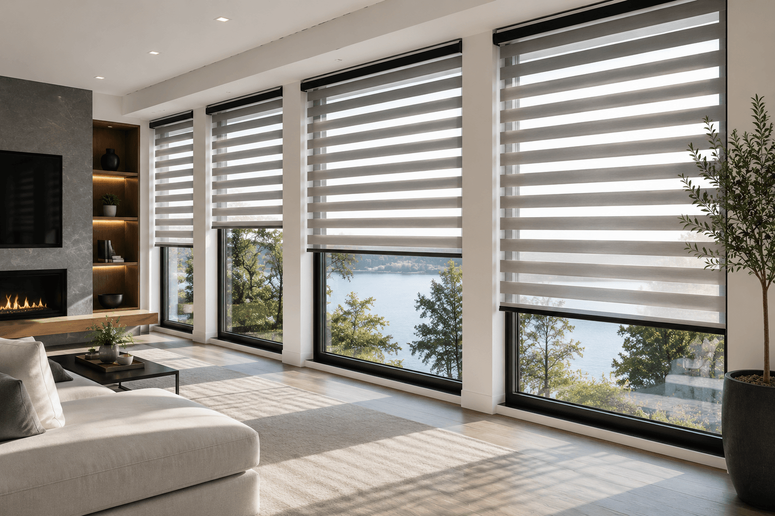 Modern living room with zebra blinds on large windows overlooking a serene lake view.